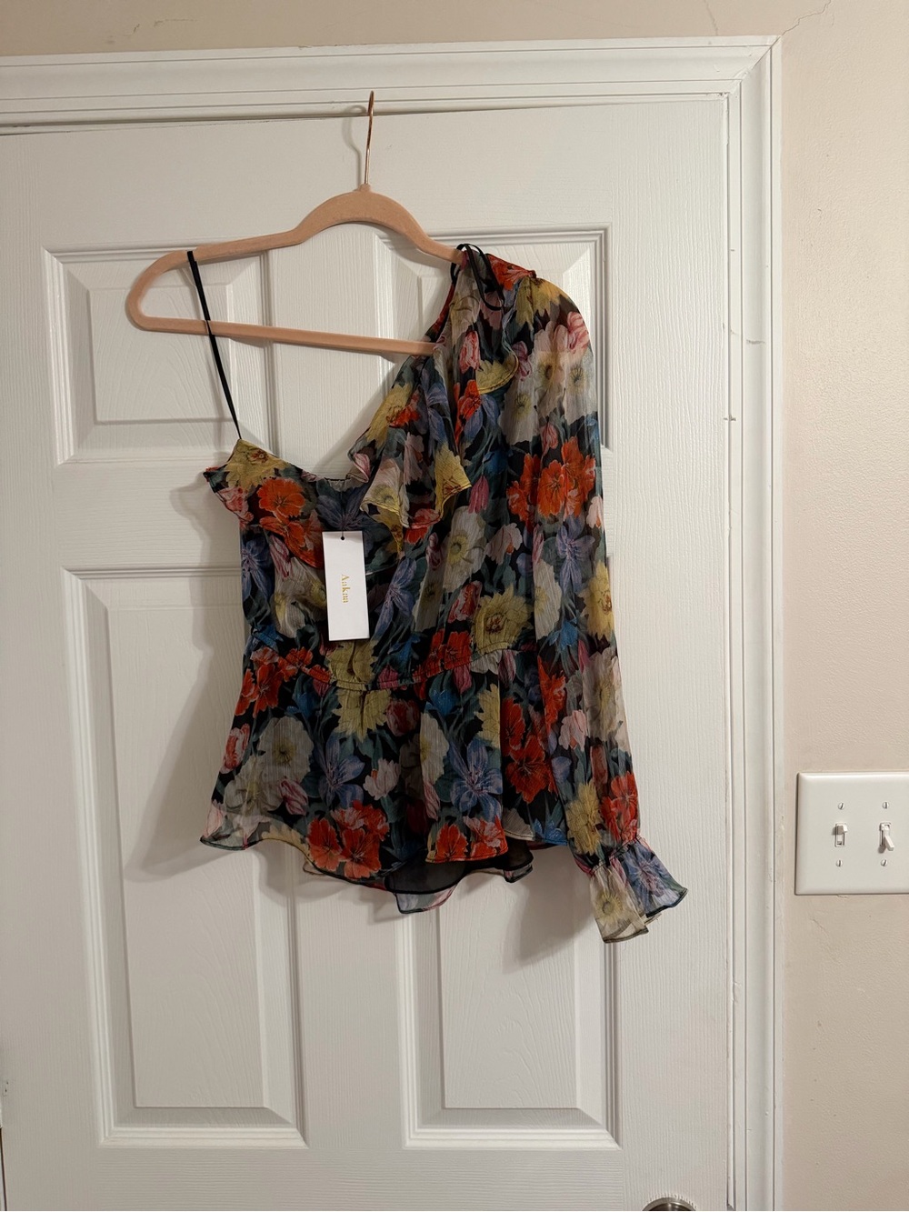 Aakaa Black Multi Floral One-Shoulder Ruffle Blouse